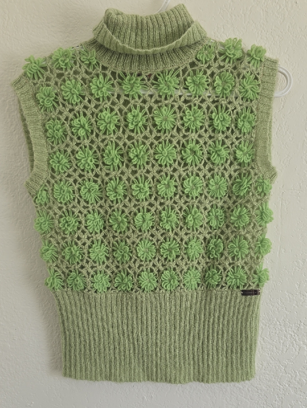 Sleeveless Light Green Floral Crochet Turtleneck Sweater Vest